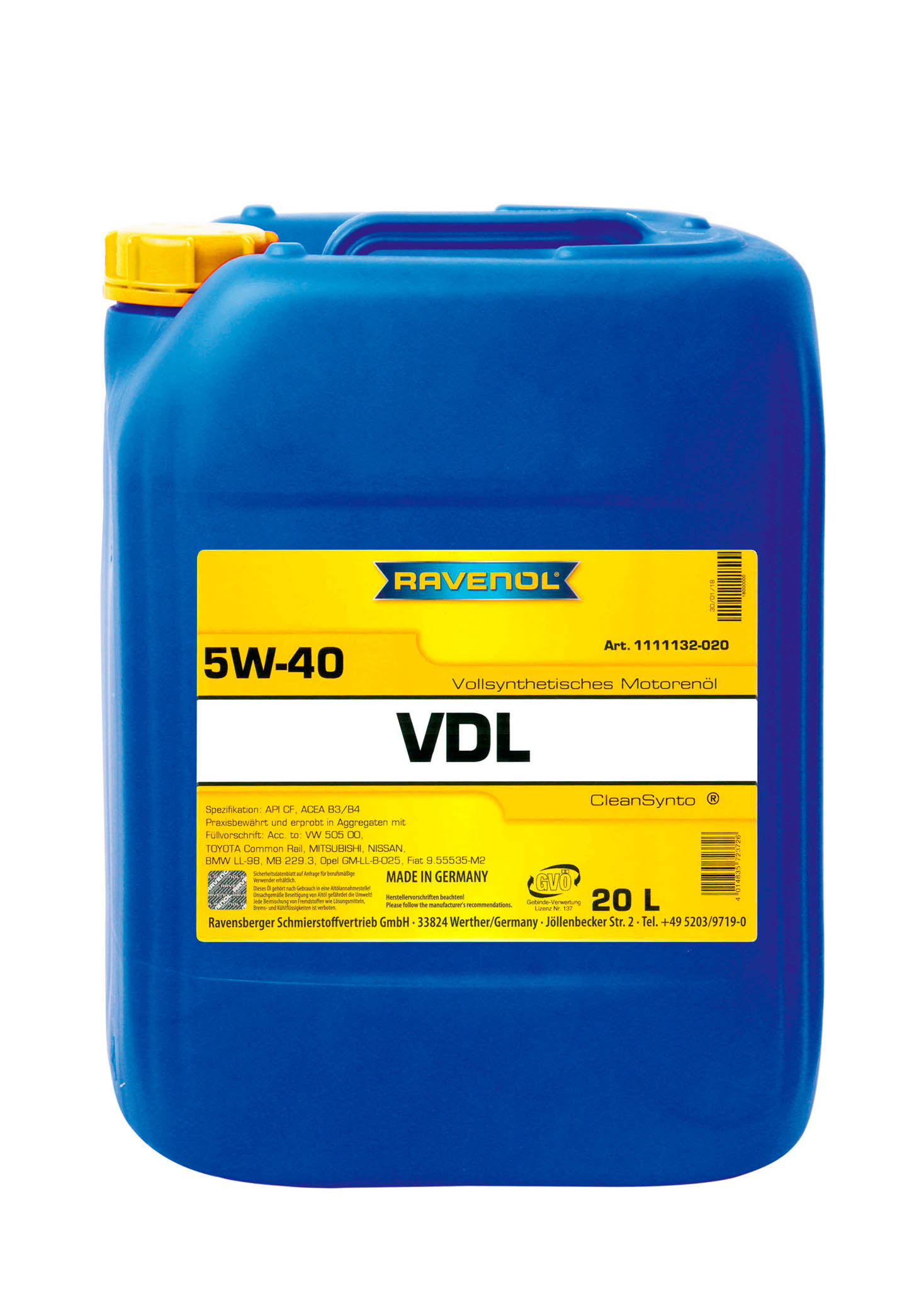 Моторное масло RAVENOL VDL SAE 5W-40 (20л) new, шт, 4014835723726