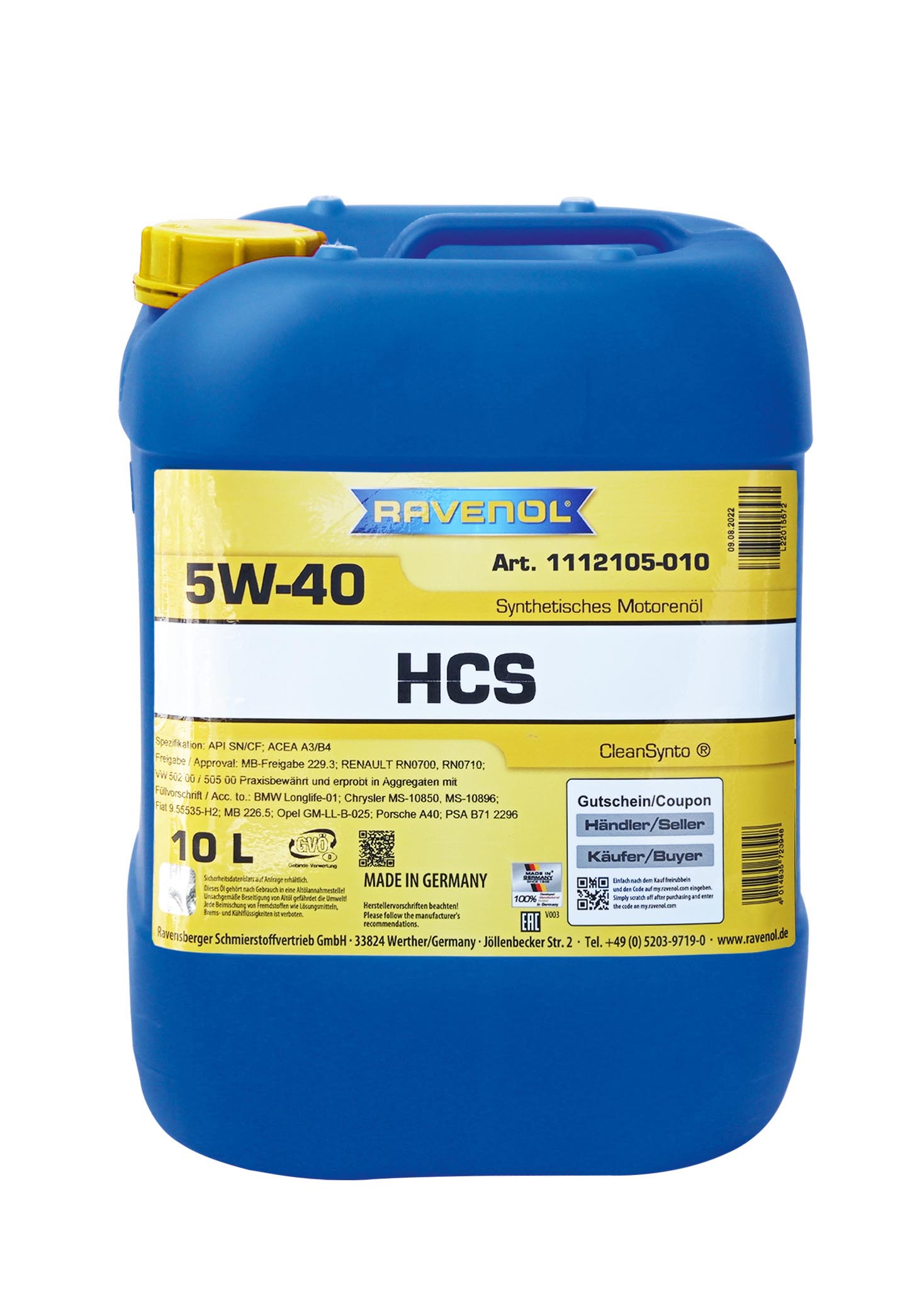 SAE 5W-40 10L HCS NEW МОТОРНОЕ МАСЛО, 4014835723948